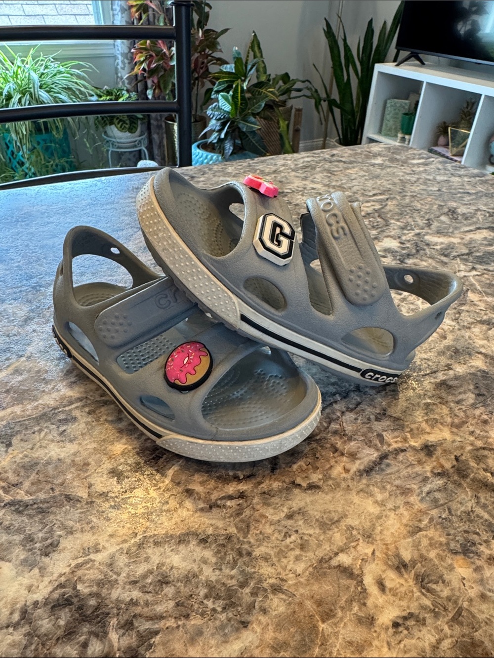 CROCS Kids' Gray Hook-and-Loop Sandals with Charms Size 8